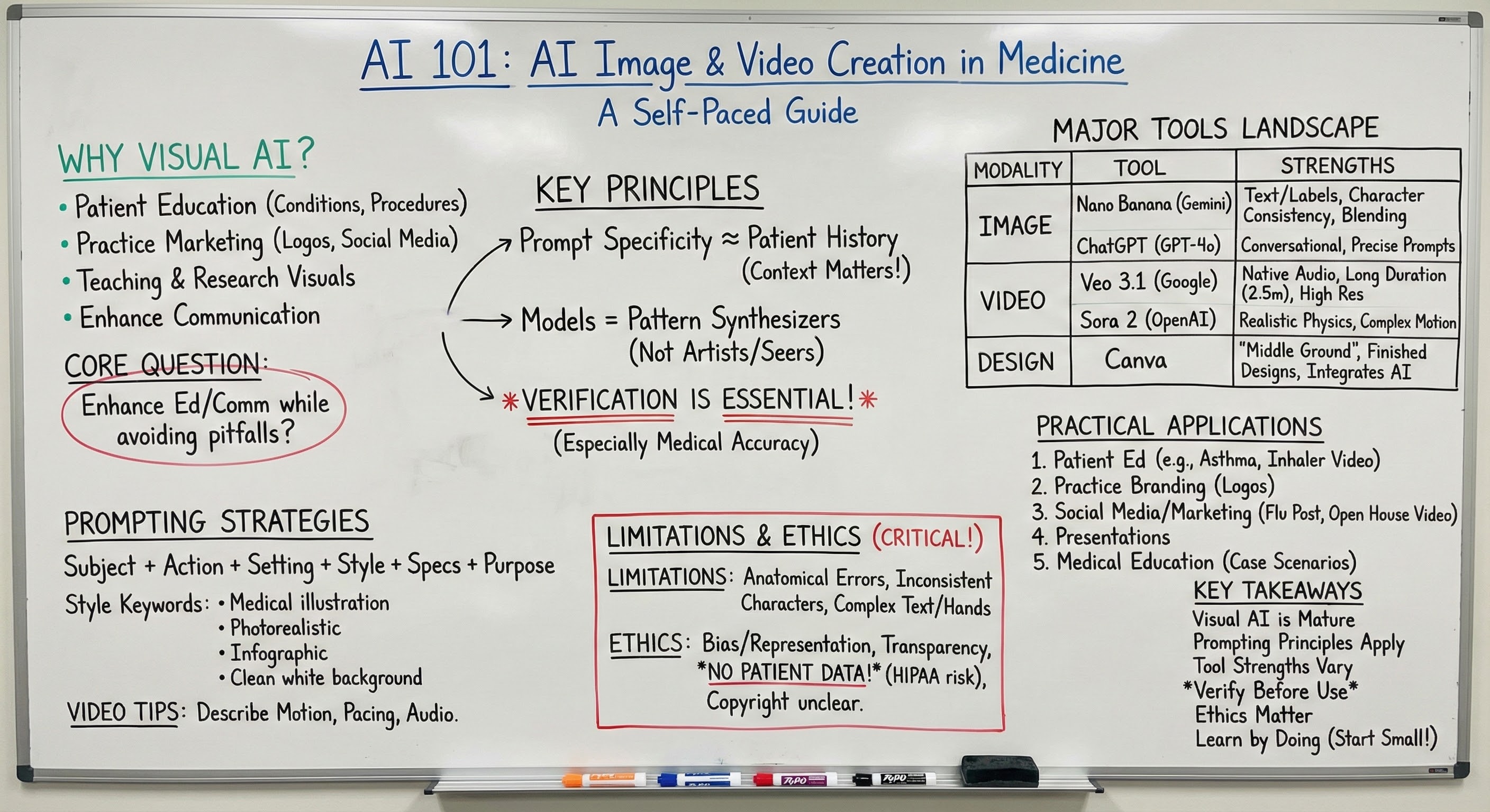 AI-generated whiteboard summary of AI Image and Video Creation module, created with Nano Banana Pro