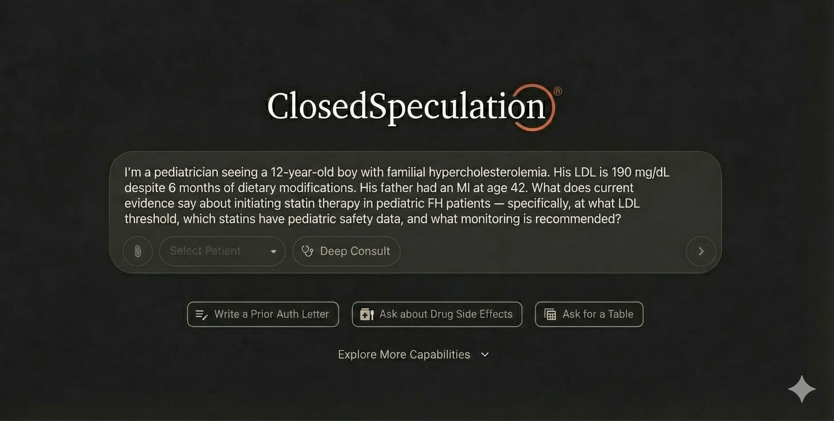 Screenshot showing a specific, well-structured prompt about pediatric statin therapy